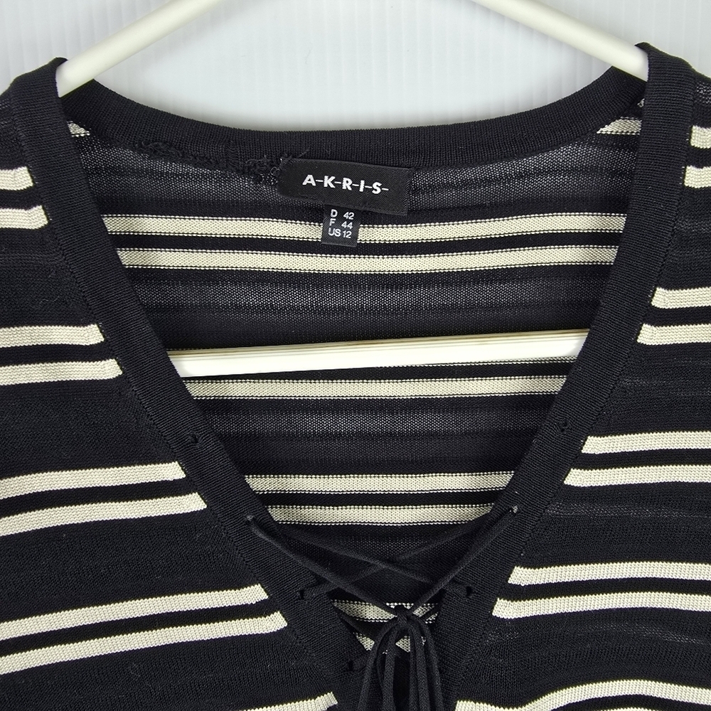 Akris Womens Cotton Silk Black Tan Striped Long Sleeve V Neck Lace Up Sweater 12 - Picture 3 of 9
